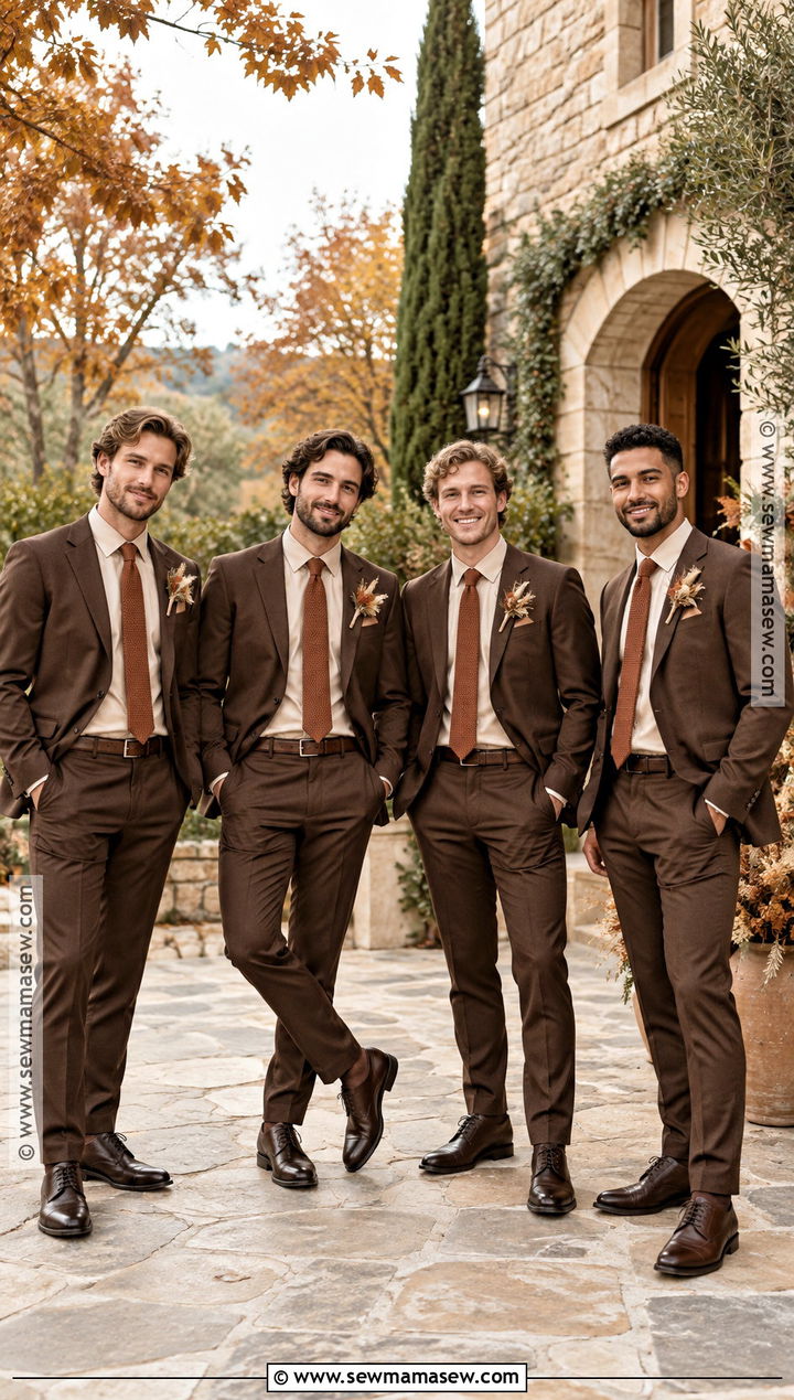 Chocolate Brown Suit With Terracotta Knit Tie - 15 fall boho groomsmen attire ideas