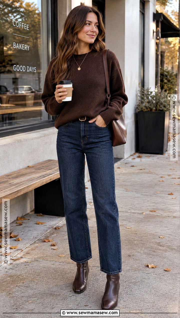 Chocolate Brown Sweater And Dark Jeans Fall Outfit - 15 fall dark outfits for women