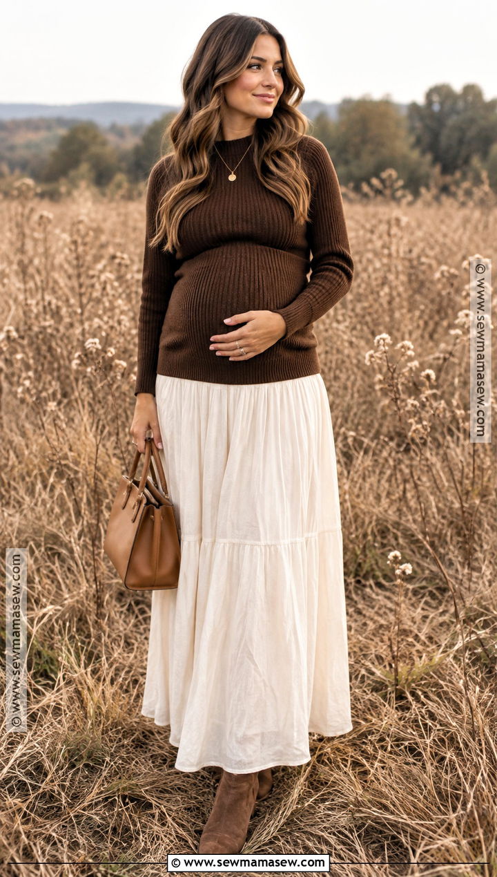 Chocolate Brown Sweater And Maternity Skirt Outfit - 20 Fall Pregnancy Announcement Outfit Ideas