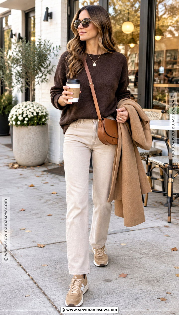Chocolate Brown Sweater With Beige Jeans - 15 brown and beige fall style ideas