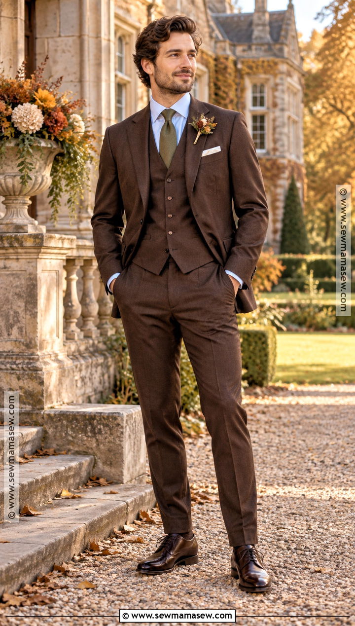 Chocolate Brown Three Piece Groom Suit - 20 groom fall wedding attire ideas