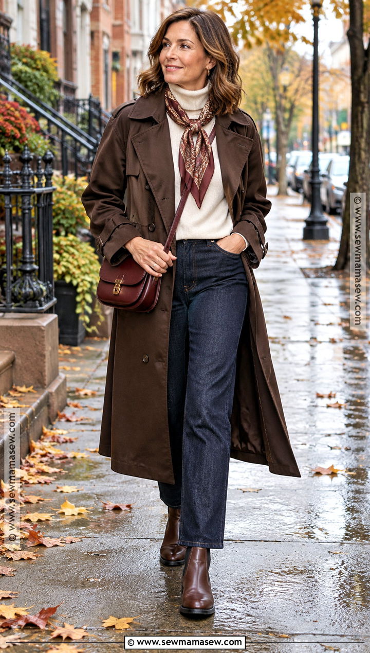 Chocolate Brown Trench Coat With Dark Jeans - 20 chocolate brown fall outfit ideas