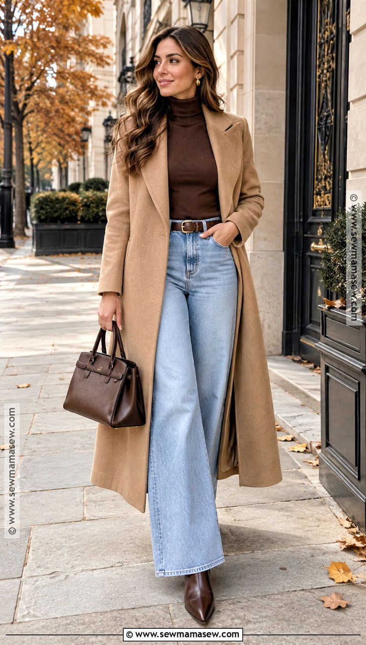 Chocolate Brown Turtleneck And Light Blue Jeans Outfit - 20 light blue jeans outfit fall