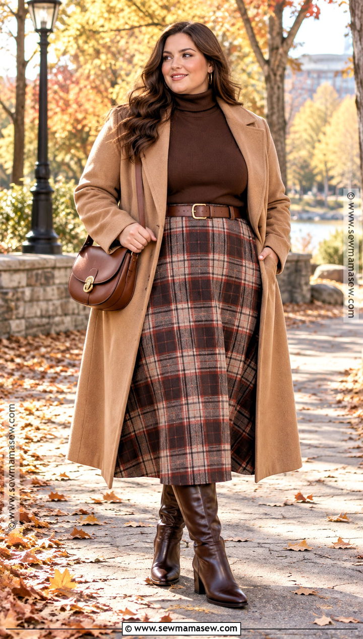 Chocolate Brown Turtleneck With Plaid Midi Skirt - 20 chocolate brown fall outfit ideas