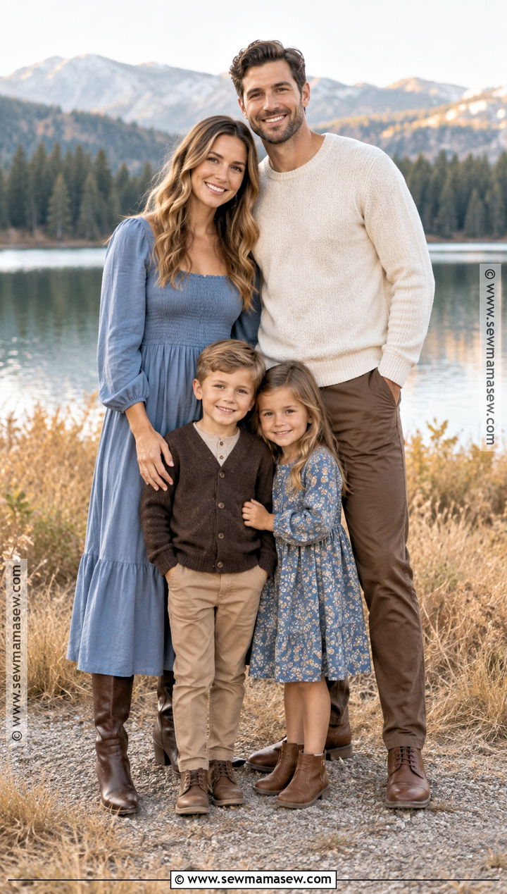 Chocolate Brown and Dusty Blue Fall Family Picture Outfits - 15 fall theme family picture outfits