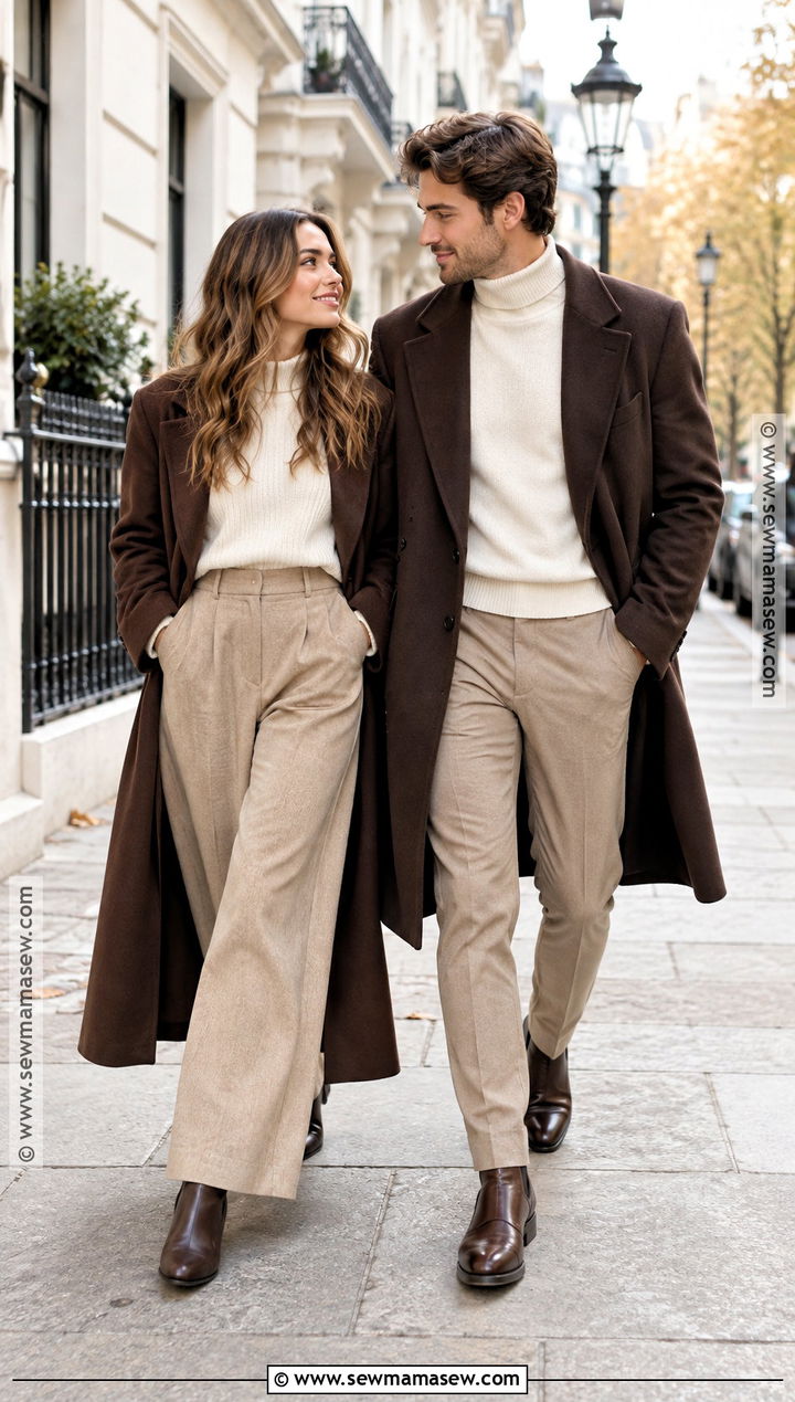 Chocolate Coat And Sand Trousers Fall Couples Photoshoot Outfit - 20 Fall Couples Photoshoot Outfits Neutral