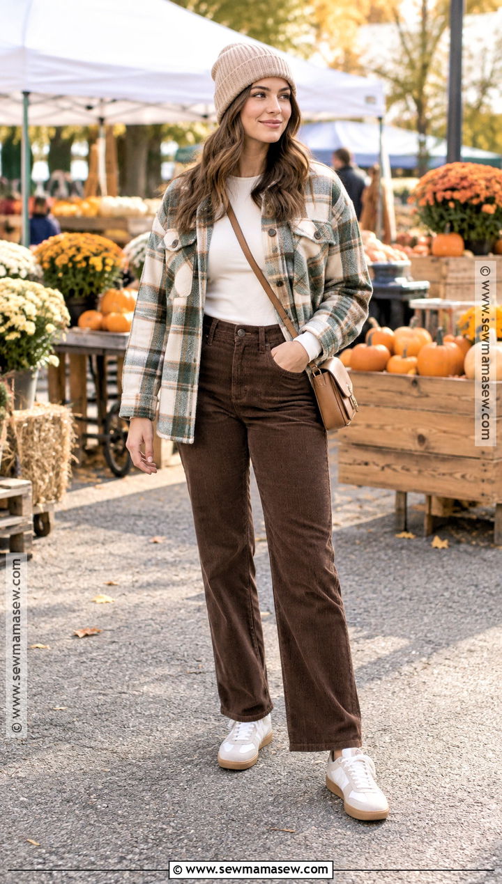 Chocolate Corduroy Pants With Plaid Shacket - 15 fall outfit corduroy pants