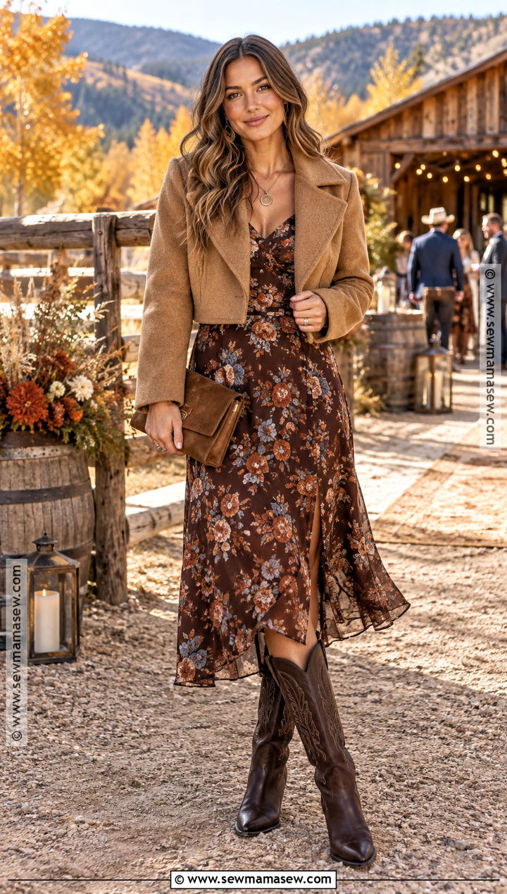 Chocolate Floral Dress With Tall Western Boots - 20 fall western wedding guest outfit ideas