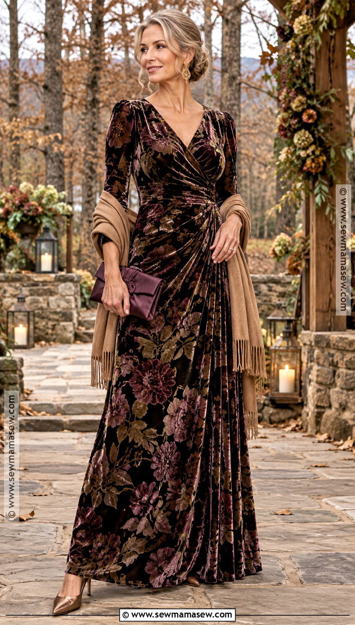 Chocolate Floral Velvet Fall Boho Mother Of The Bride Dress - 15 Fall Mother Of The Bride Dresses Boho