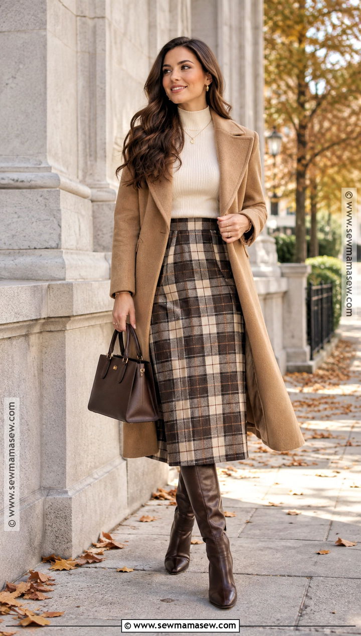 Chocolate Knee High Boots With Plaid Skirt - 20 fall knee high boots