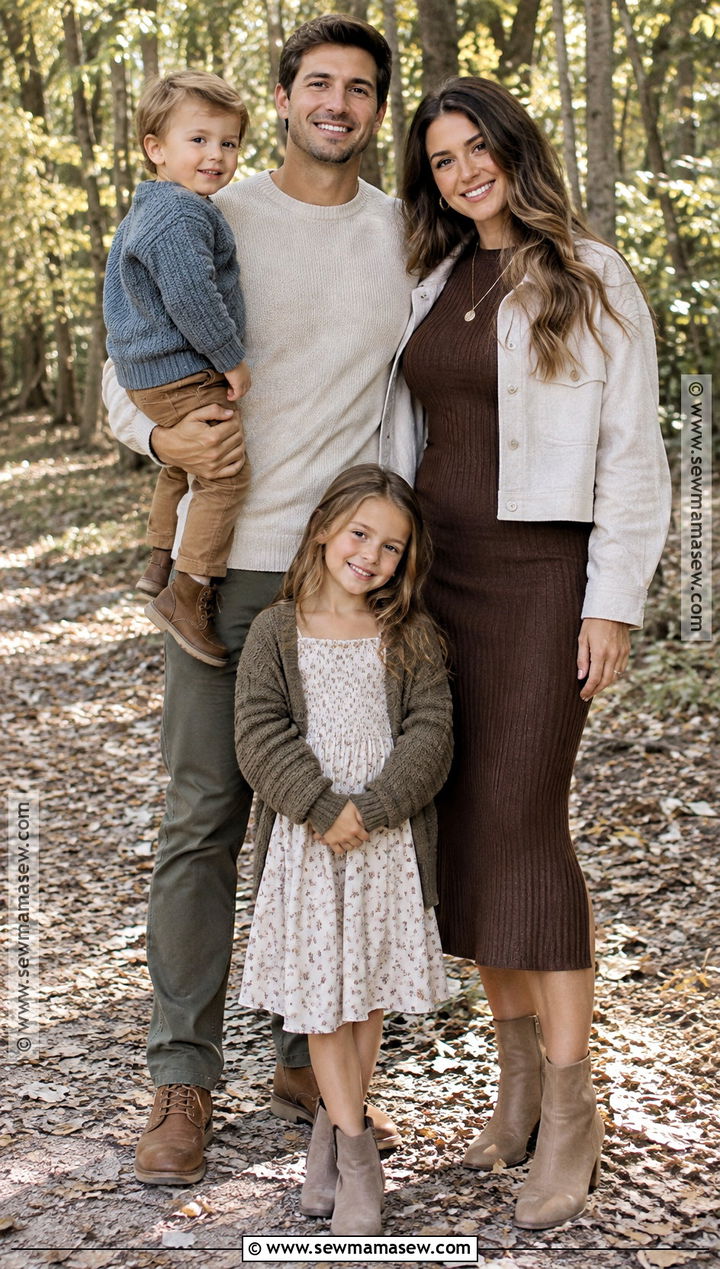 Chocolate Knit Dress And Cream Jacket Fall Family Photo Outfit - 15 mom family photo outfit fall ideas
