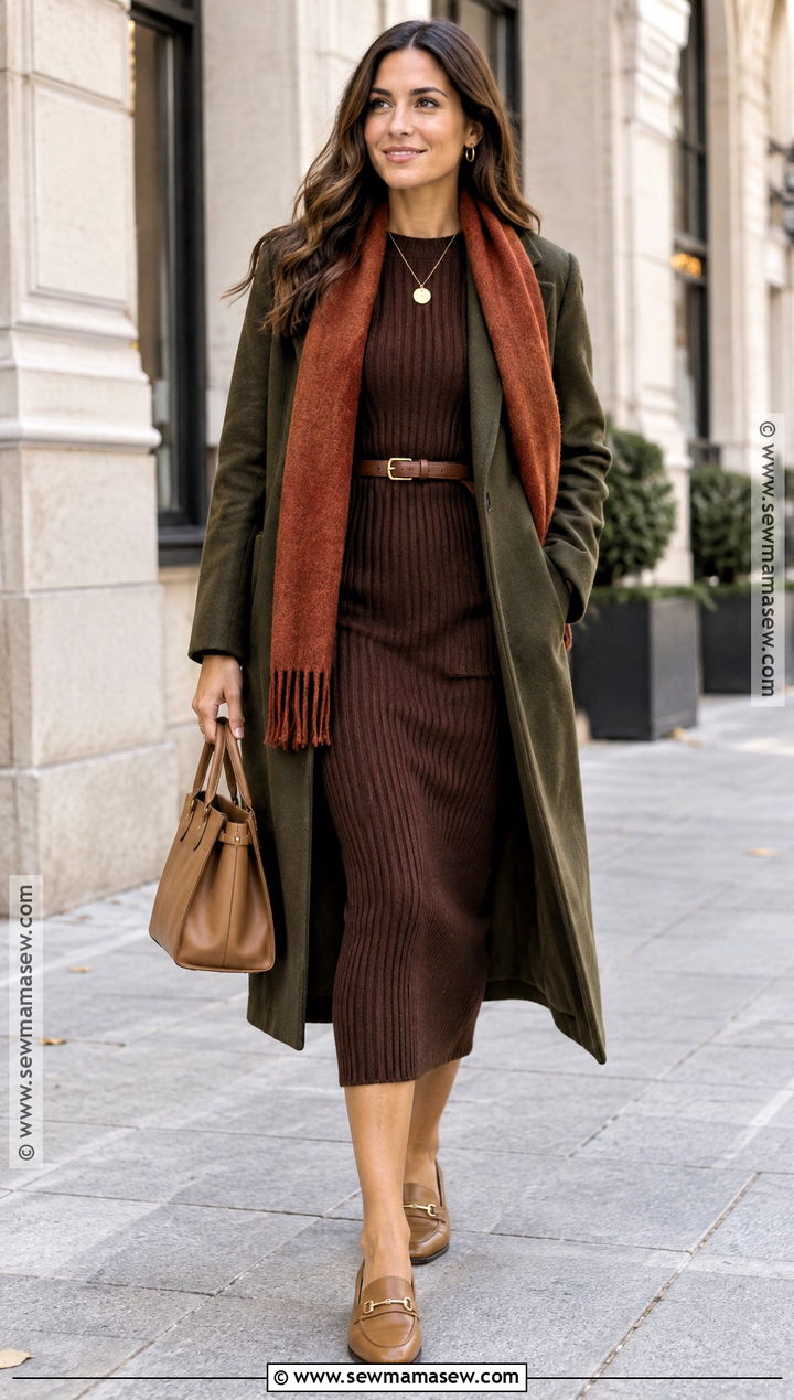 Chocolate Knit Dress And Tan Loafers Outfit - 25 warm autumn color palette outfit ideas