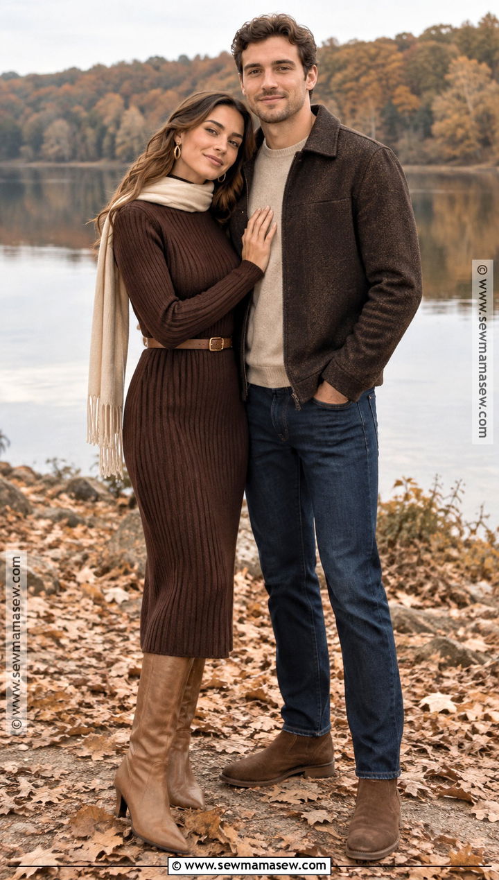 Chocolate Knit Dress With Tall Boots - 15 engagement photos outfits autumn