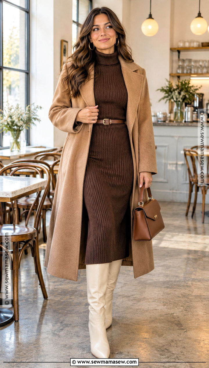 Chocolate Knit Midi Dress With Tall Boots - 20 november birthday dress ideas