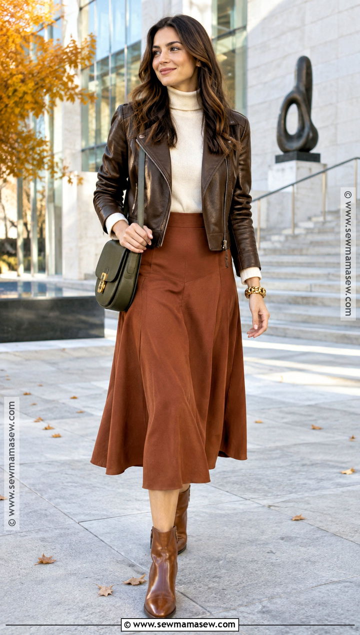 Chocolate Leather Jacket And Rust Skirt Autumn Outfit - 20 Hoc Autumn Outfits