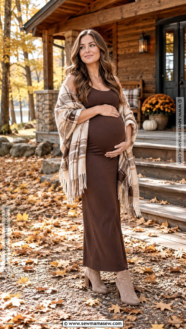 Chocolate Maternity Dress With Plaid Shawl - 20 Fall Maternity Photoshoot Outfits