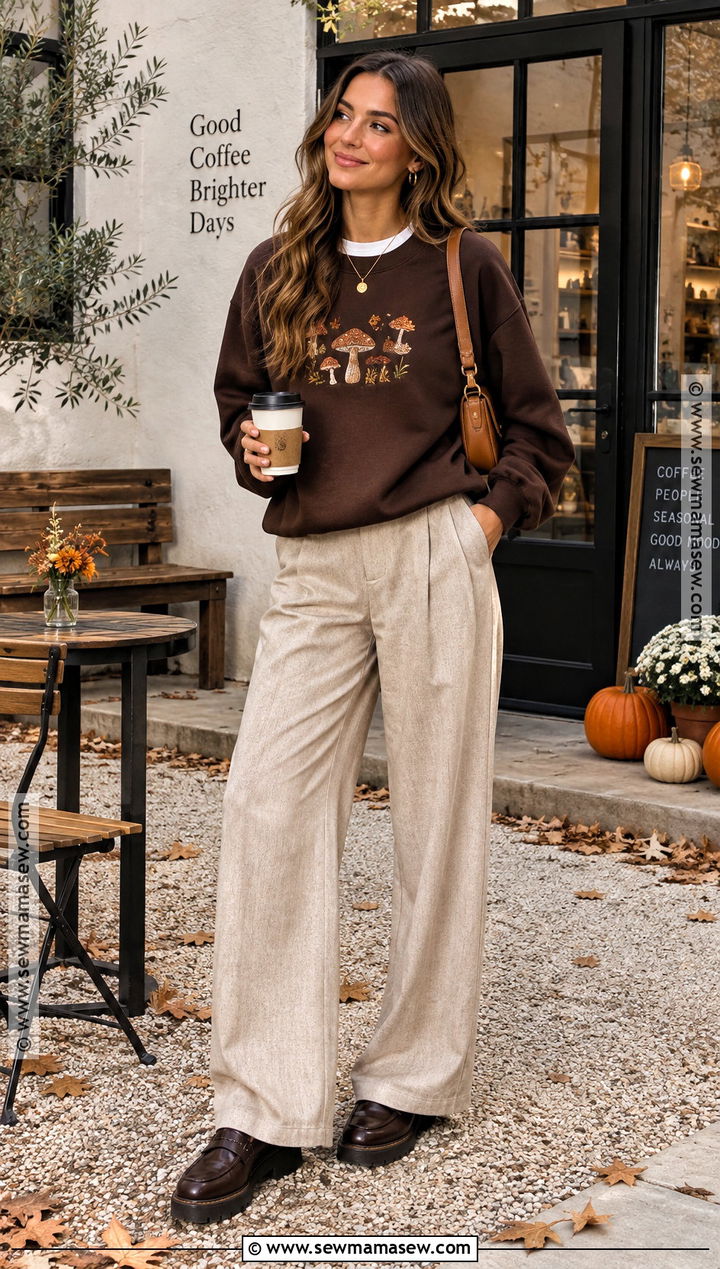 Chocolate Mushroom Embroidered Sweatshirt Outfit With Wide Leg Pants - 20 Fall Embroidered Sweatshirts Ideas