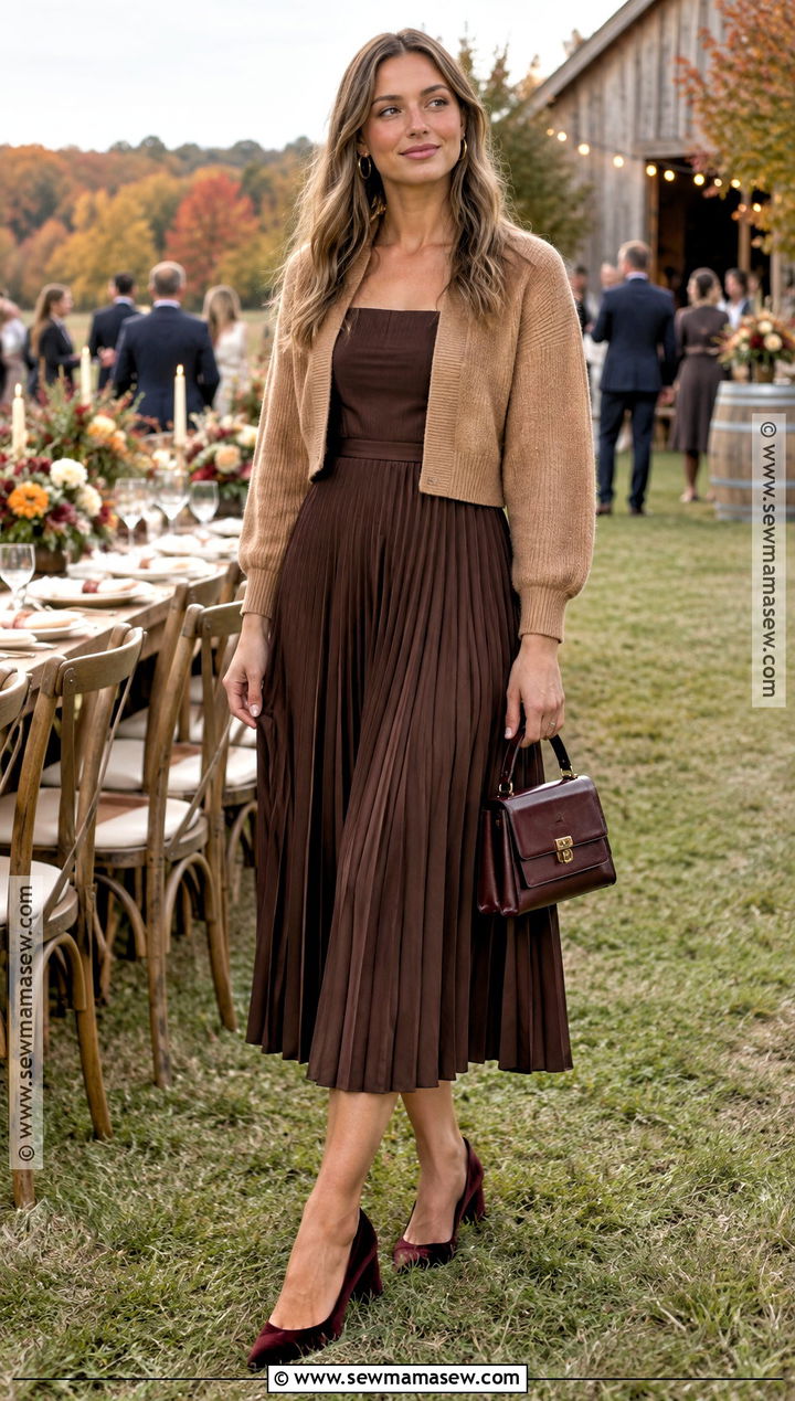 Chocolate Pleated Midi Dress With A Knit Jacket - 20 Fall Farm Wedding Guest Attire Ideas