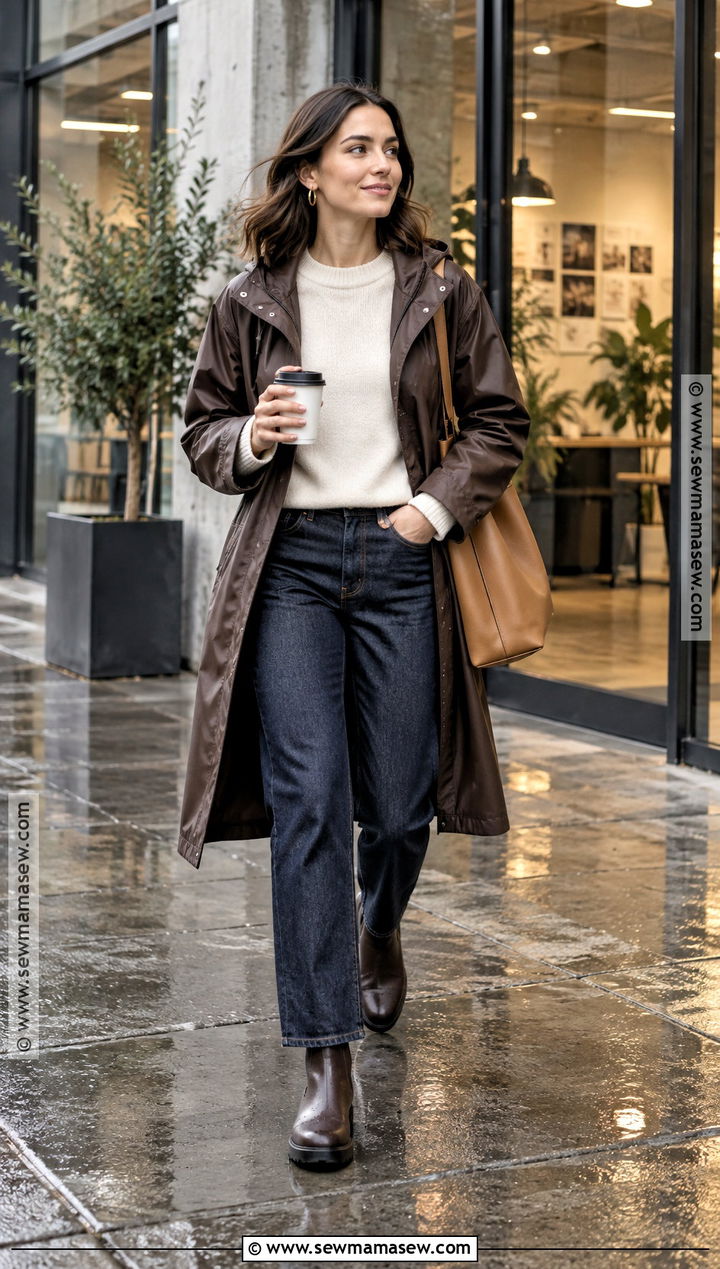 Chocolate Raincoat And Dark Jeans Work Outfit - 20 Fall Rainy Day Outfits Work