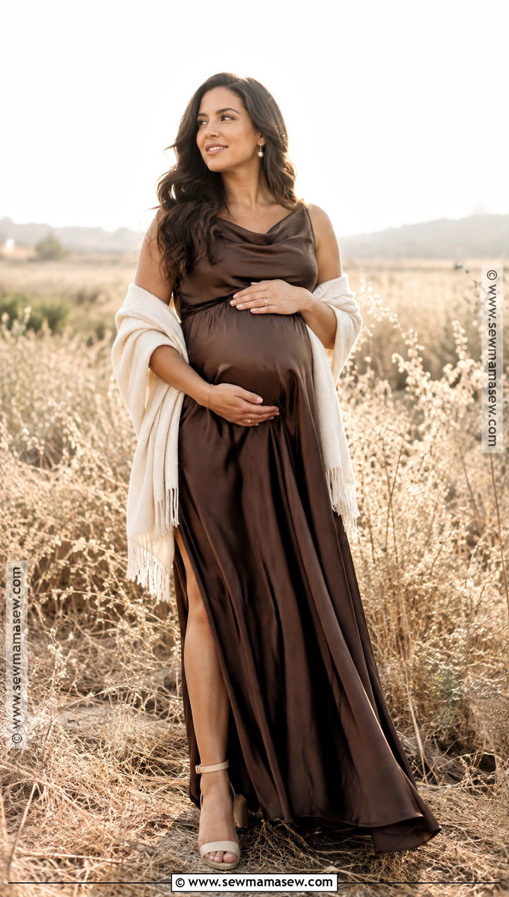 Chocolate Satin Maternity Gown With Shawl - 15 maternity photo outfits fall