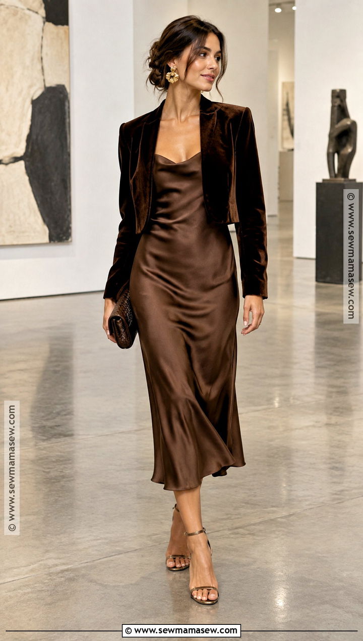 Chocolate Satin Slip Dress Outfit - 20 fall cocktail attire ideas