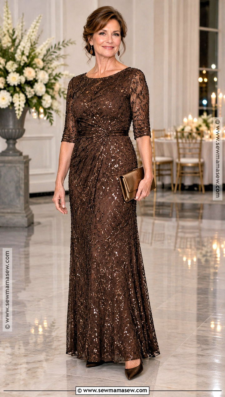 Chocolate Sequin Mother of the Groom Gown With Brown Pumps - 20 mother of groom dresses fall