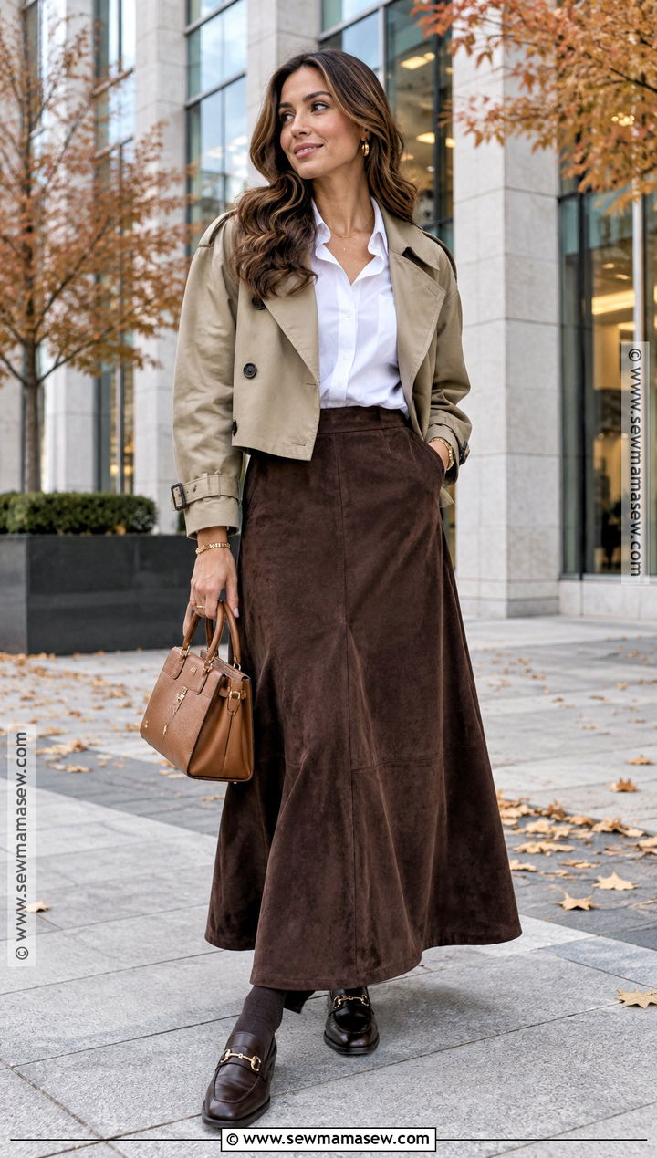 Chocolate Suede Maxi Skirt With White Button Down And Loafers - 25 suede skirt outfit fall ideas
