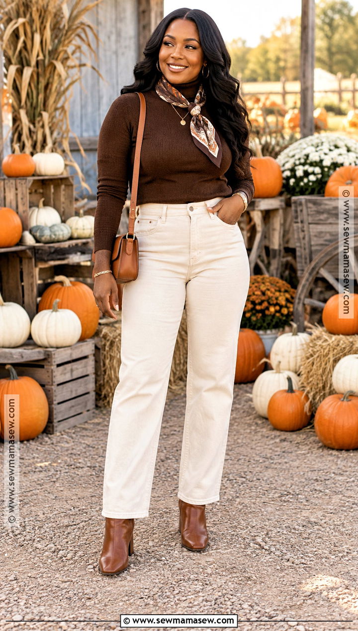 Chocolate Sweater And Cream Jeans Pumpkin Patch Outfit - 25 pumpkin patch outfit ideas for black women