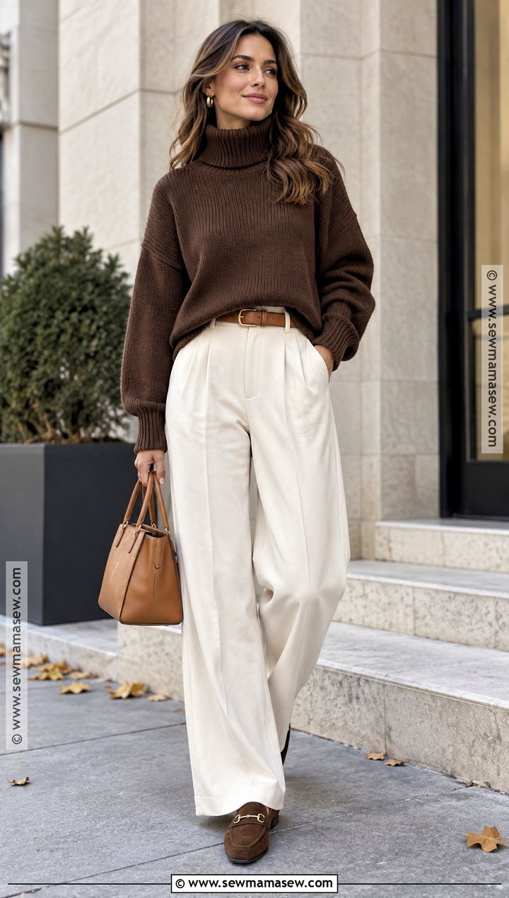 Chocolate Sweater And Cream Trousers Fall Outfit - 15 Fall 23 Street Style Ideas
