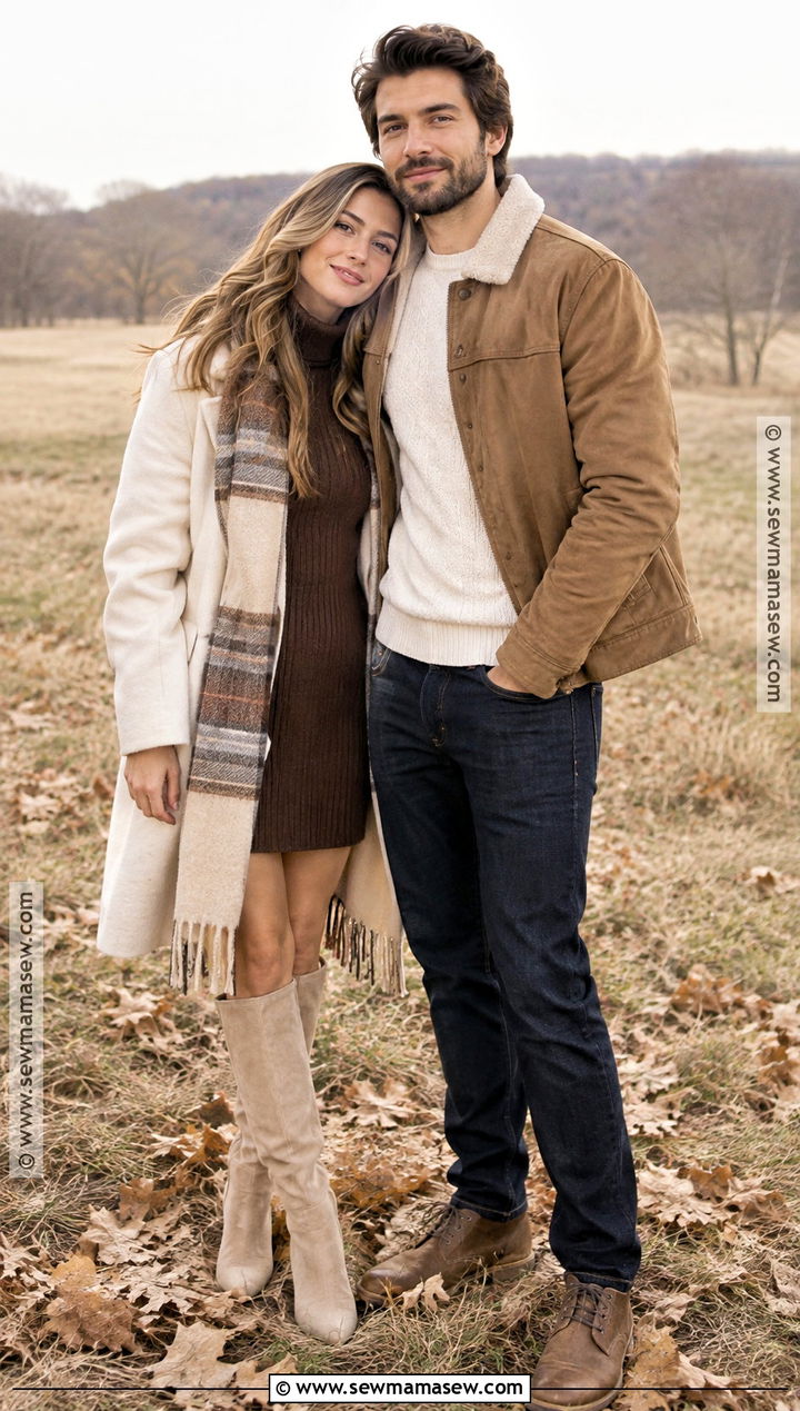 Chocolate Sweater Dress And Plaid Scarf - 20 november engagement pictures outfit ideas