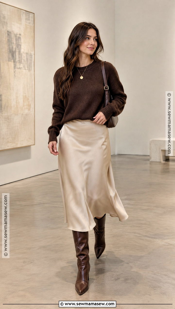 Chocolate Sweater and Satin Midi Skirt Fall Outfit - 20 calm fall outfits