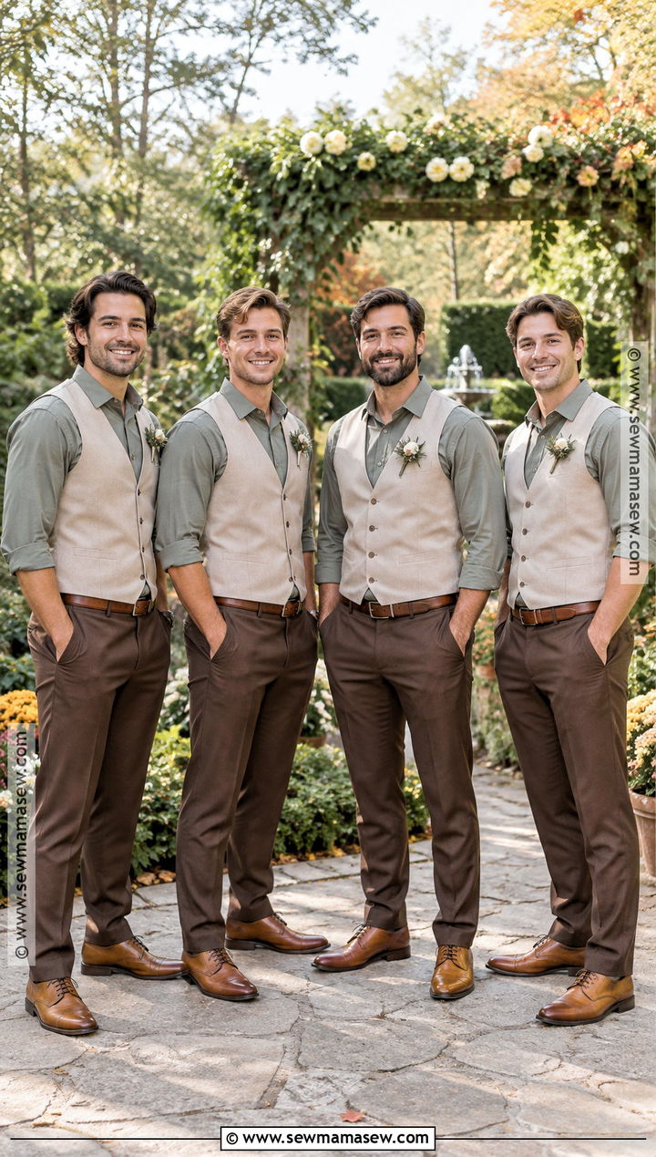 Chocolate Trousers and Sage Shirt Groomsmen Attire - 15 groomsmen attire casual fall ideas