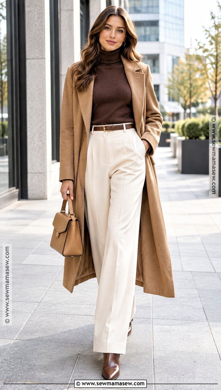 Chocolate Turtleneck Sweater And Cream Wide Leg Pants - 15 autumn outfit ideas with sweaters