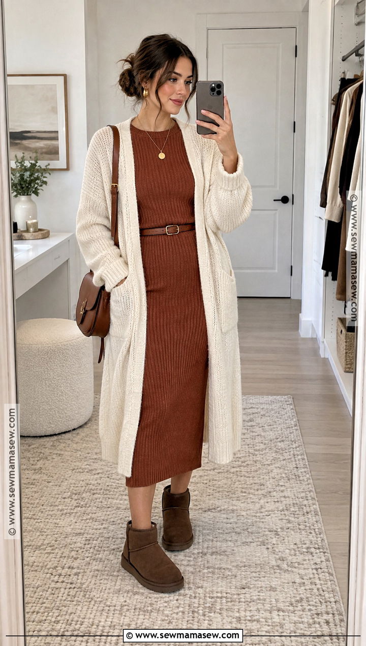 Chocolate UGG Boots With Knit Dress And Long Cardigan - 20 ugg autumn outfit ideas