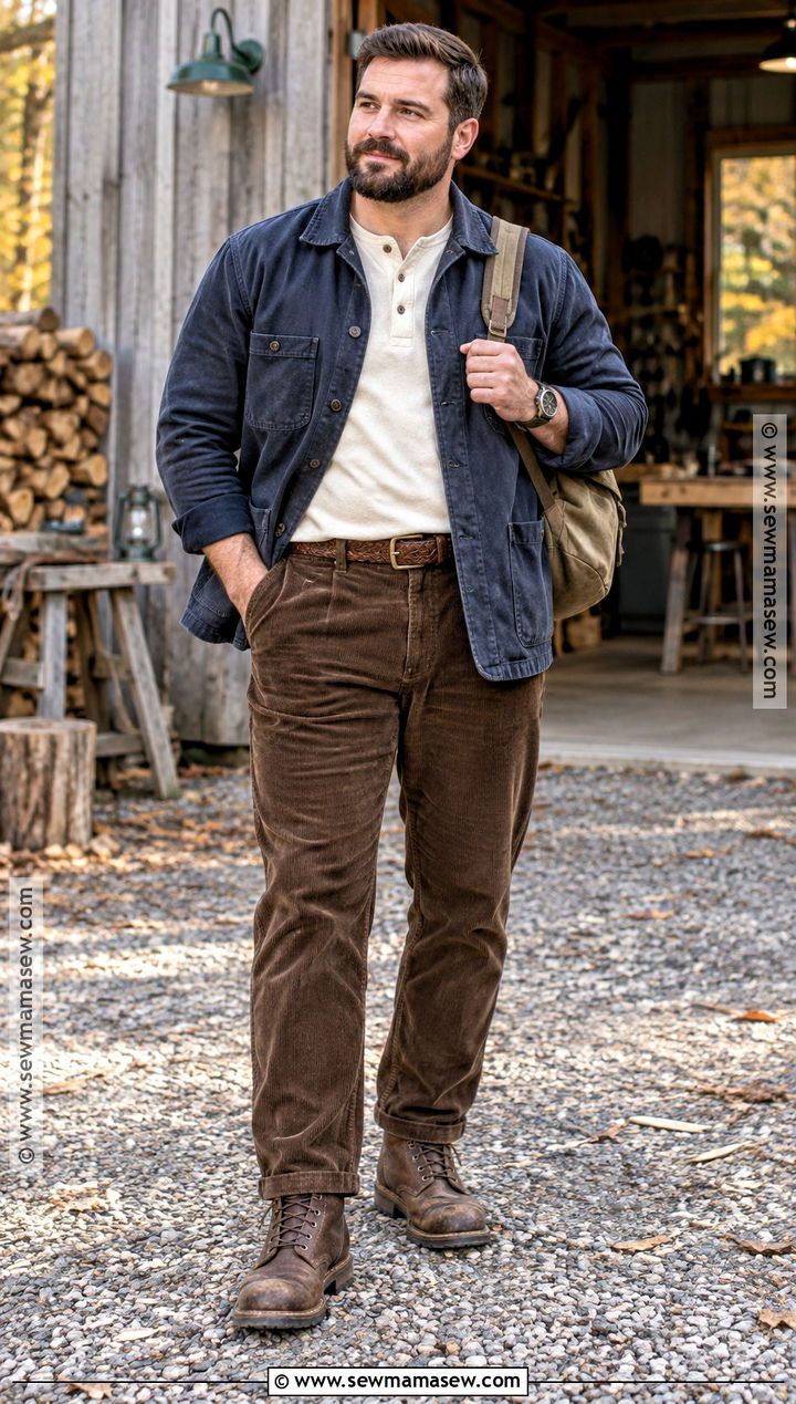 Chore Coat Fall Outfit With Henley And Corduroy Pants - 15 Fall Looks for Men