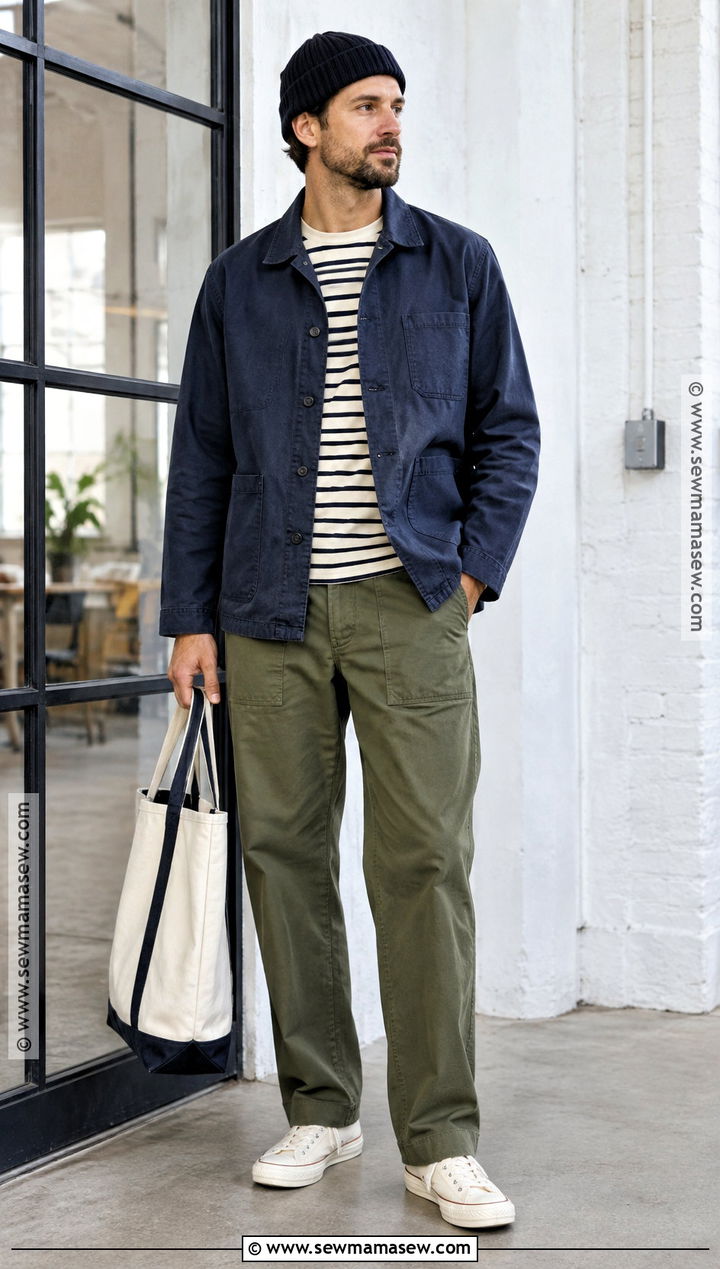 Chore Coat Fall Outfit With Striped T Shirt And Fatigue Pants - 15 casual mens outfits fall