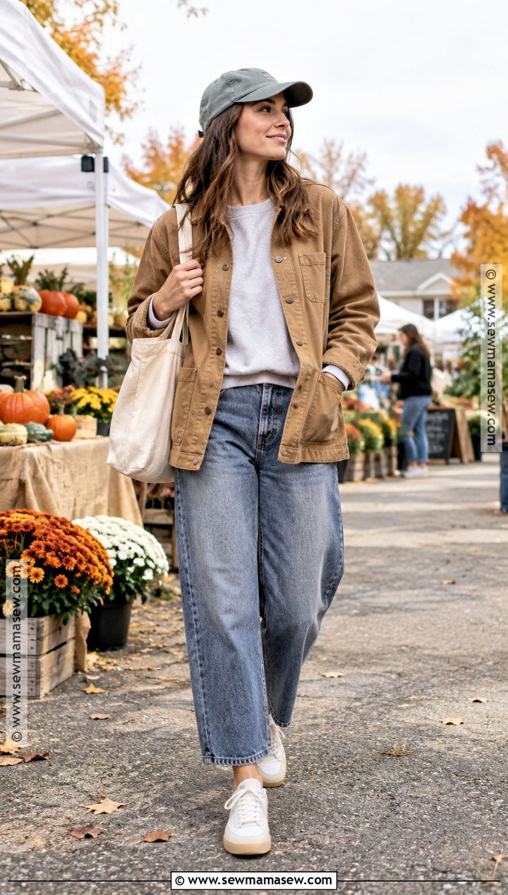 Chore Coat Fall Outfit With Sweatshirt And Barrel Jeans - 15 casual looks for fall 2026
