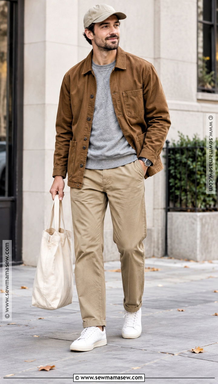 Chore Coat Sweatshirt And Relaxed Chinos Outfit - 20 men fall outfits casual street style