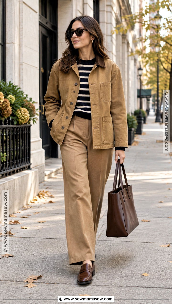Chore Coat With Striped Sweater And Trousers - 15 Fall Fashion Looks 2026
