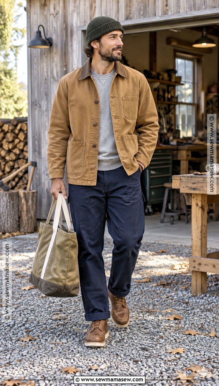 Chore Coat With Sweatshirt And Work Pants - 20 Casual Outfits Men Fall