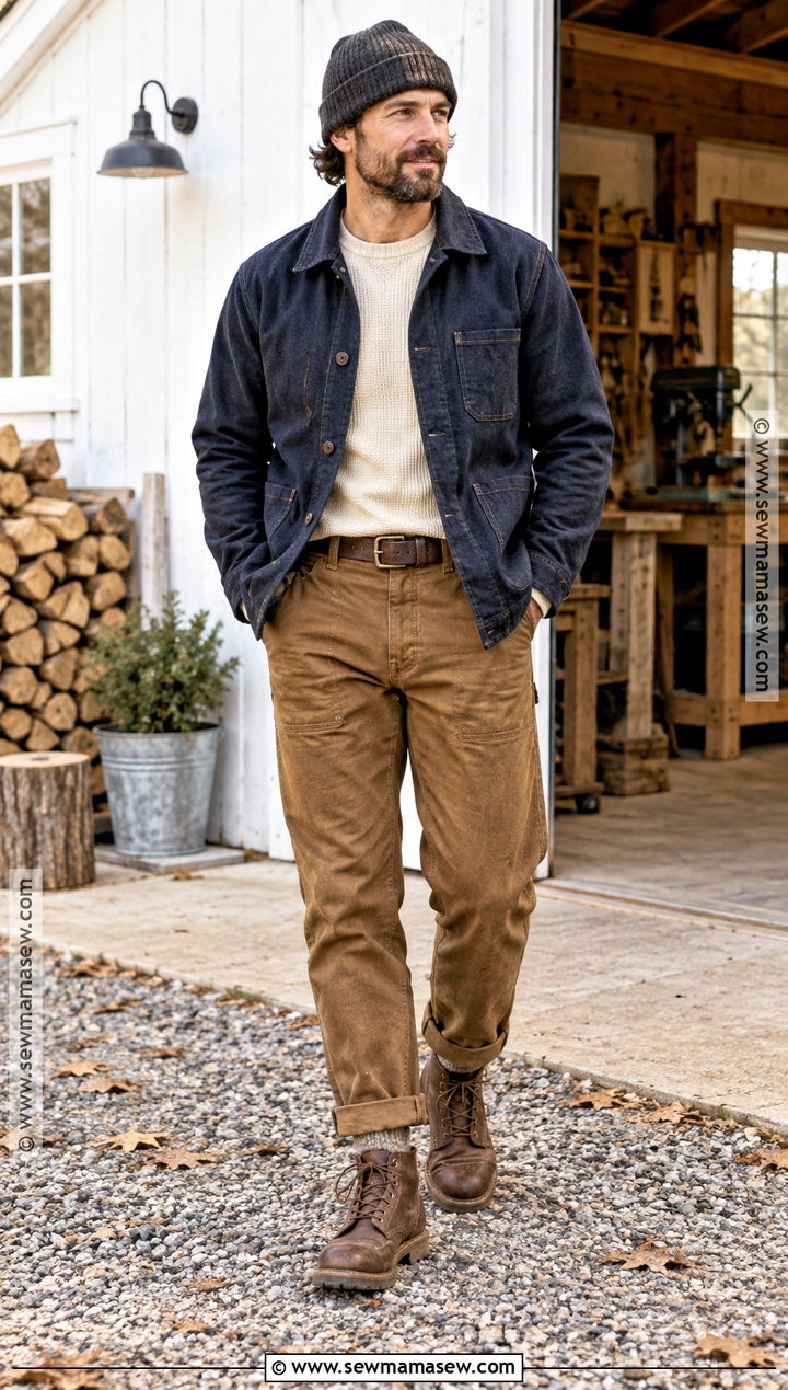 Chore Coat With Thermal Shirt And Canvas Pants - 15 country fall outfits for men