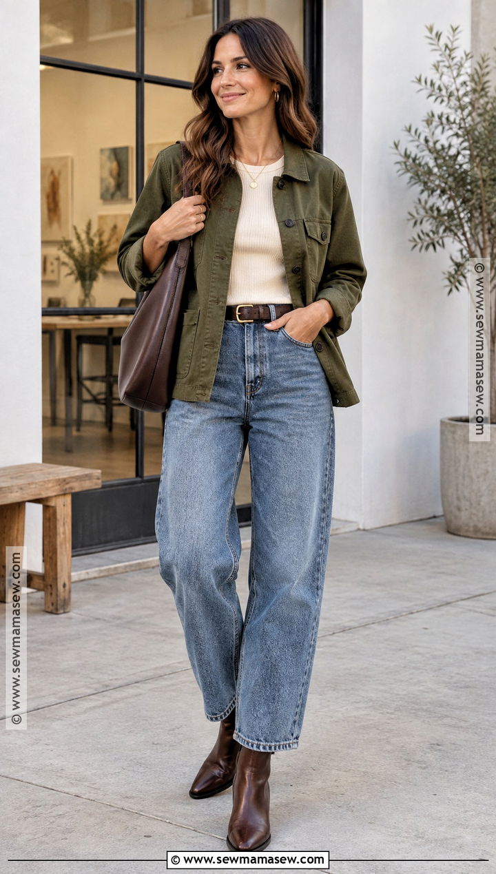 Chore Jacket Fall Outfit With Barrel Jeans - 20 Cozy Fall Fashion Ideas
