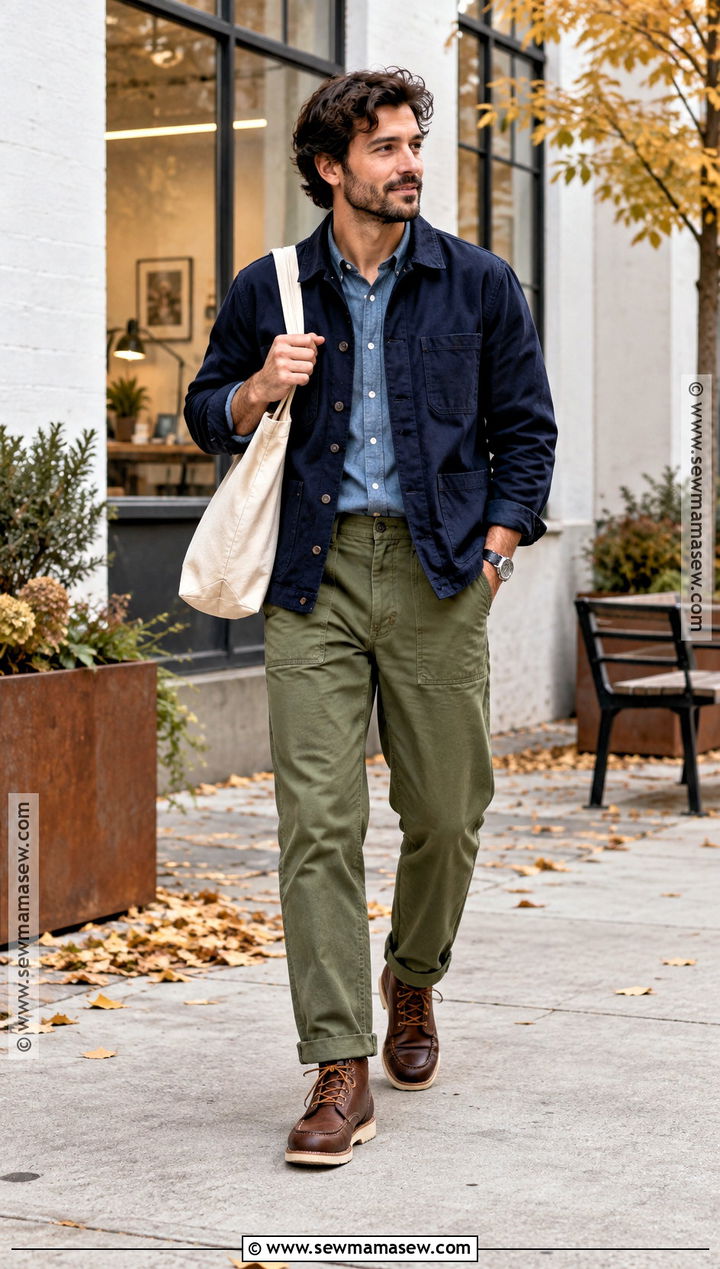 Chore Jacket With Chambray Shirt and Fatigue Pants - 15 fall jackets outfit for men