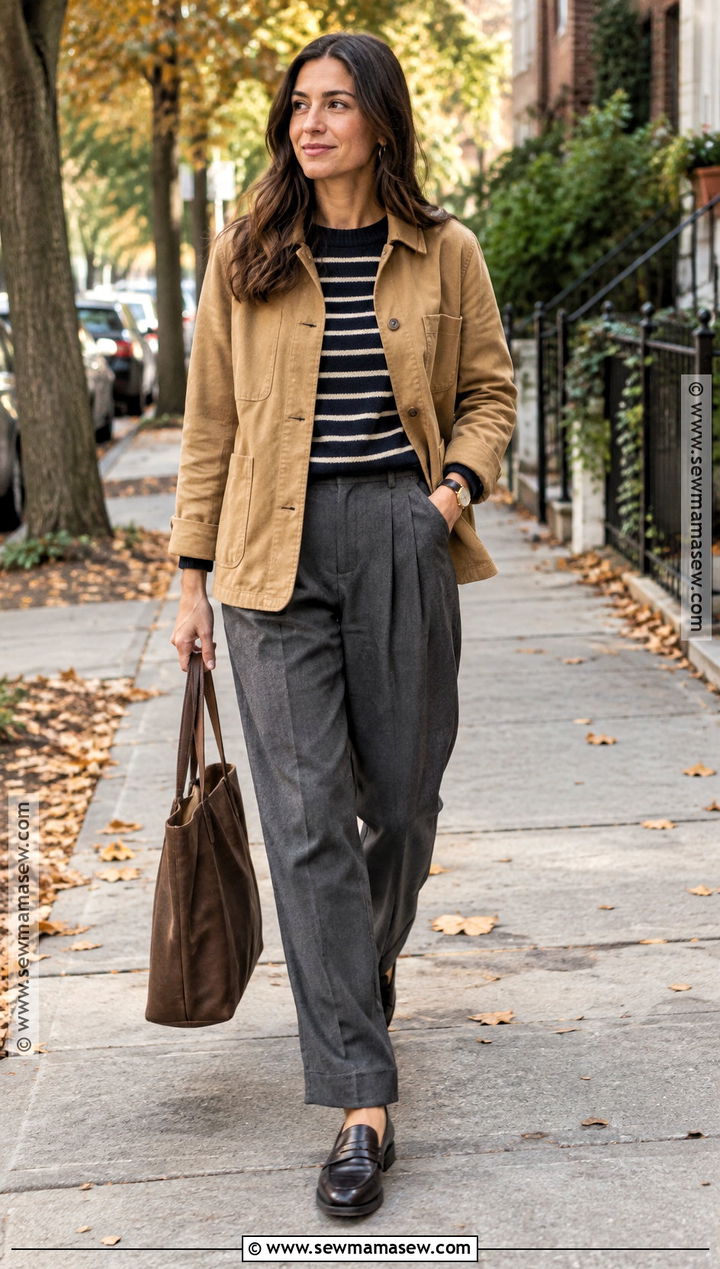 Chore Jacket With Striped Sweater And Relaxed Trousers - 15 fall street style ideas for women