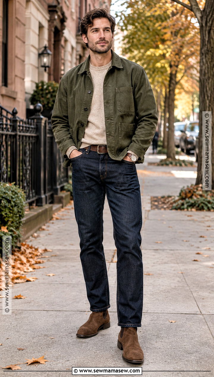 Chore Jacket With Sweater And Jeans - 20 fall winter outfits for men
