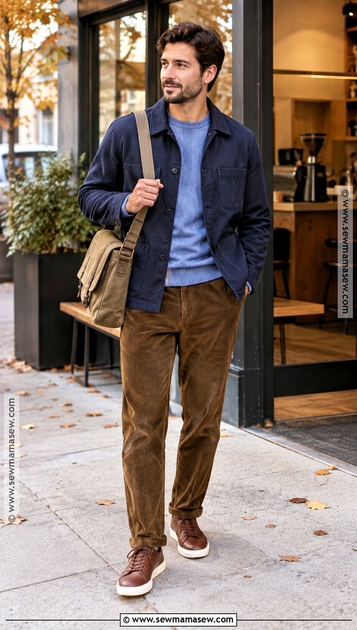 Chore Jacket With Sweater and Corduroy Pants - 20 Men Autumn Outfit Casual Ideas