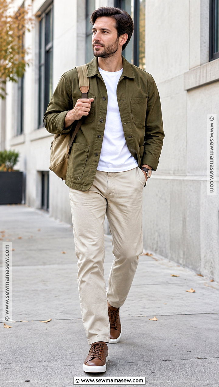 Chore Jacket With T Shirt And Chinos - 20 mens outfits autumn