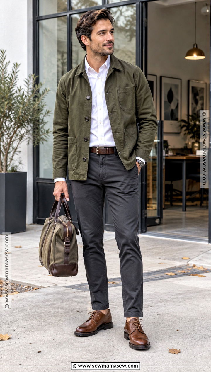 Chore Jacket and Dark Chinos Fall Work Outfit - 15 fall work outfits for men