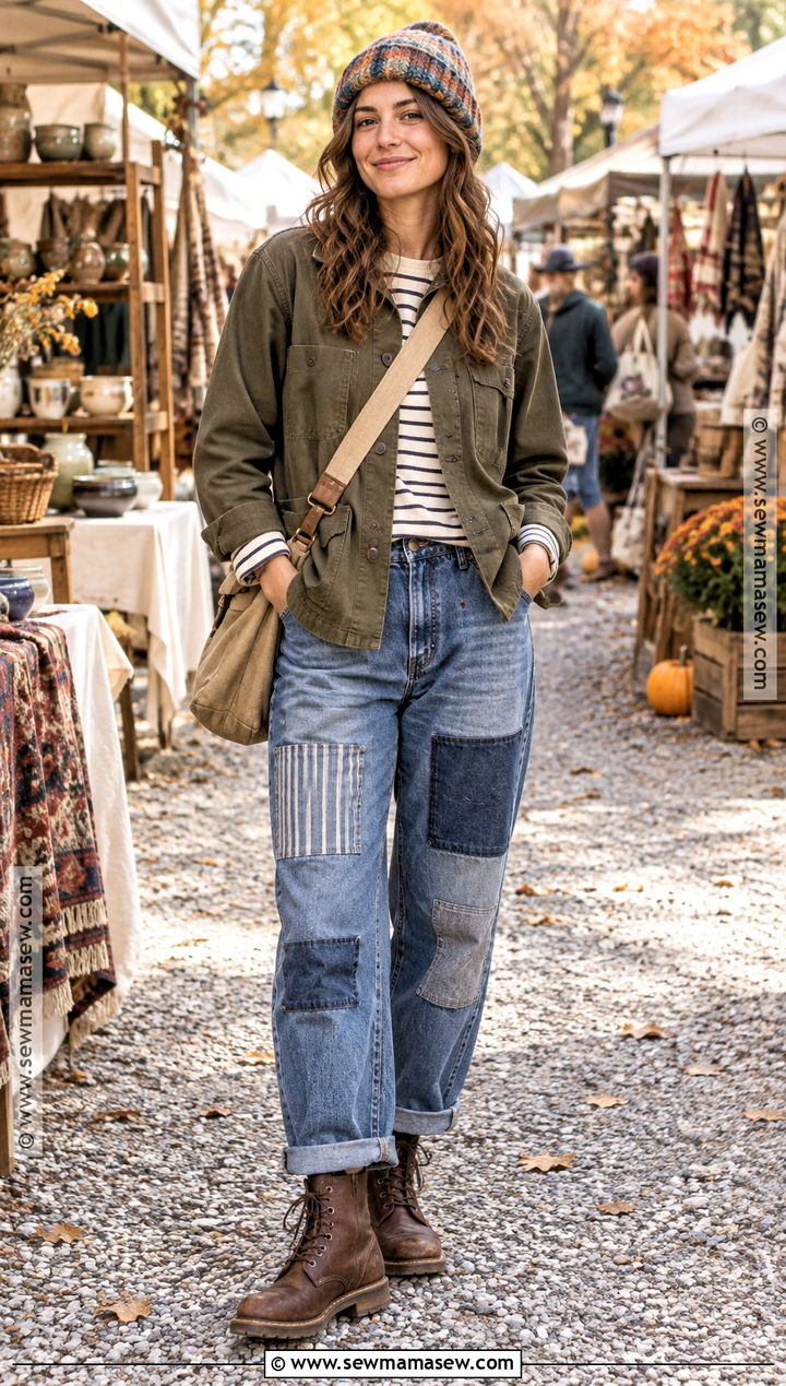 Chore Jacket and Patchwork Jeans Indie Fall Outfit - 20 indie fall outfits