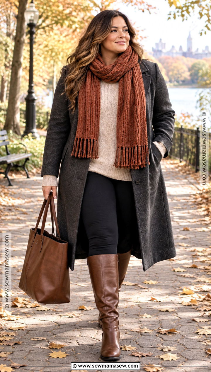 Chunky Autumn Scarf With Wool Coat And Leggings - 15 Autumn Scarf Fashion Accessory Ideas